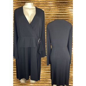 Calvin Klein 16 Black Surplice Neck Ruffle Faux Wrap Waistline Long Sleeve Dress